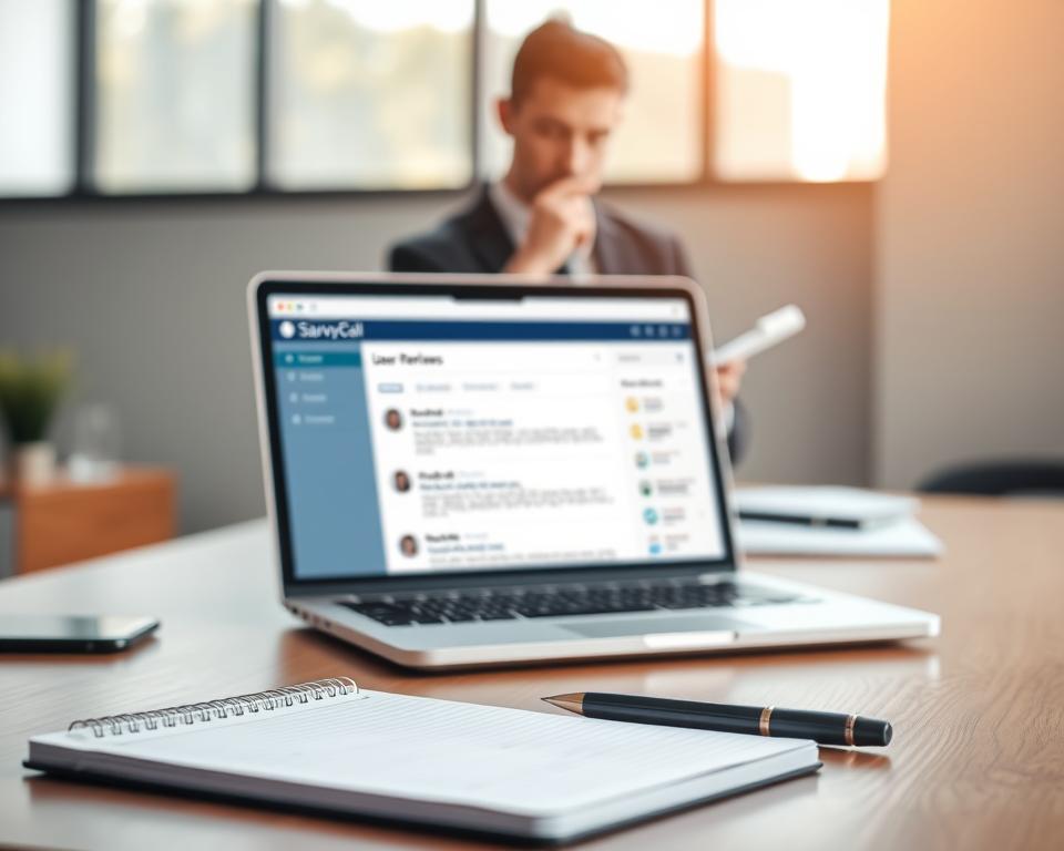 A professional workspace featuring a modern laptop on a sleek wooden desk, displaying the SavvyCal interface with user reviews open on the screen. In the foreground, a neatly arranged notepad and pen, hinting at organized planning. The middle layer shows a blurred view of a well-dressed professional in business attire, thoughtfully reviewing the feedback, embodying a sense of focus and engagement. The background is softly illuminated by natural light filtering through a large window, creating a warm and inviting atmosphere. The overall mood is one of productivity and critical evaluation, capturing the essence of user feedback on SavvyCal, with a depth of field that emphasizes the foreground elements and the user experience.