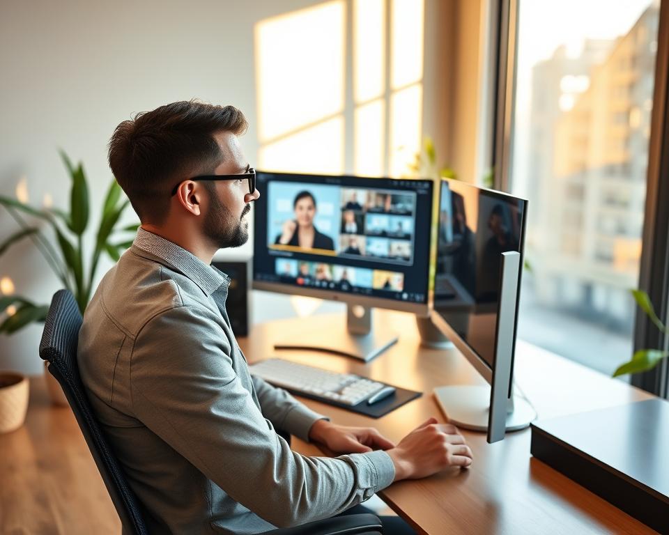 A serene and modern office space with a stylish desk and a high-tech computer setup focused on a Loom video call interface. In the foreground, a professional business person wearing smart casual attire is engaging in the Loom recording, with an expression of focus and clarity. In the middle, the screen shows the Loom interface clearly, highlighting a presentation in progress with visual elements such as slides and video thumbnails. The background features a large window with natural light streaming in, casting soft shadows, while a few plants bring an element of nature to the workspace. The atmosphere is productive and creative, suggesting best practices for effective communication through Loom. Use warm lighting to create an inviting and inspirational mood.