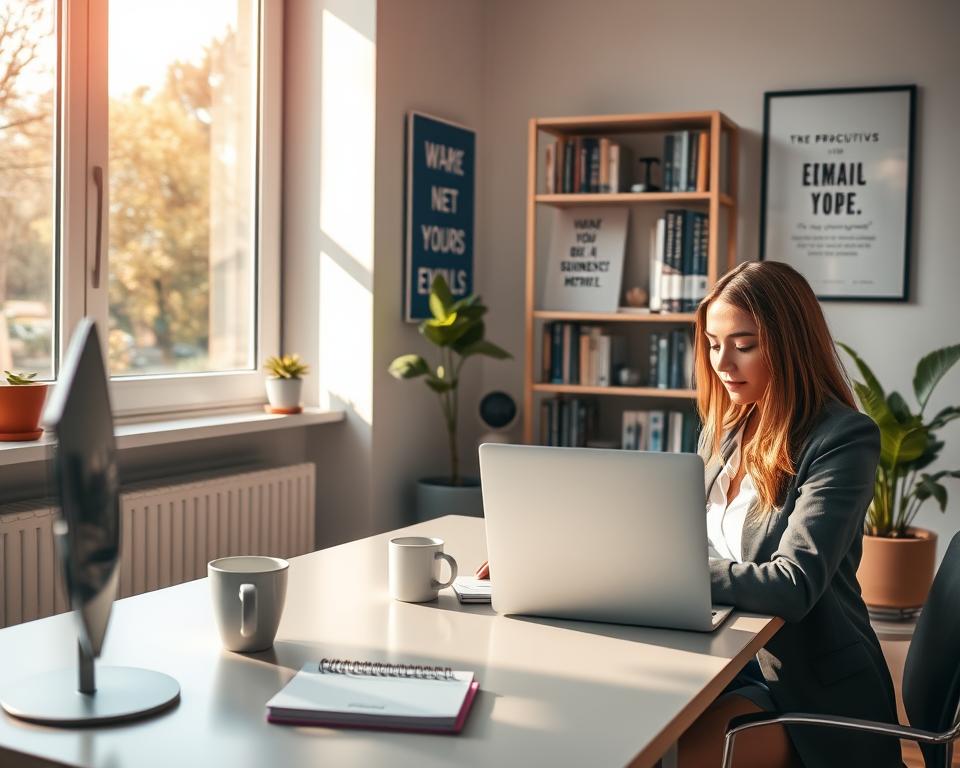 A serene home office setting illustrating email time management hacks, showcasing a digital workspace. In the foreground, a woman in professional attire sits at a sleek desk with a laptop open, focused on organizing her inbox. On the desk, a stylish notepad and a cup of coffee are present. In the middle ground, an inspirational wall with motivational posters about productivity and focus. The background features a bookshelf filled with business books and a potted plant to add a touch of nature. Soft afternoon light filters through a large window, casting warm shadows across the scene. The mood is calm yet productive, emphasizing efficiency in managing emails. A serene home office setting illustrating email time management hacks, showcasing a digital workspace. In the foreground, a woman in professional attire sits at a sleek desk with a laptop open, focused on organizing her inbox. On the desk, a stylish notepad and a cup of coffee are present. In the middle ground, an inspirational wall with motivational posters about productivity and focus. The background features a bookshelf filled with business books and a potted plant to add a touch of nature. Soft afternoon light filters through a large window, casting warm shadows across the scene. The mood is calm yet productive, emphasizing efficiency in managing emails.
