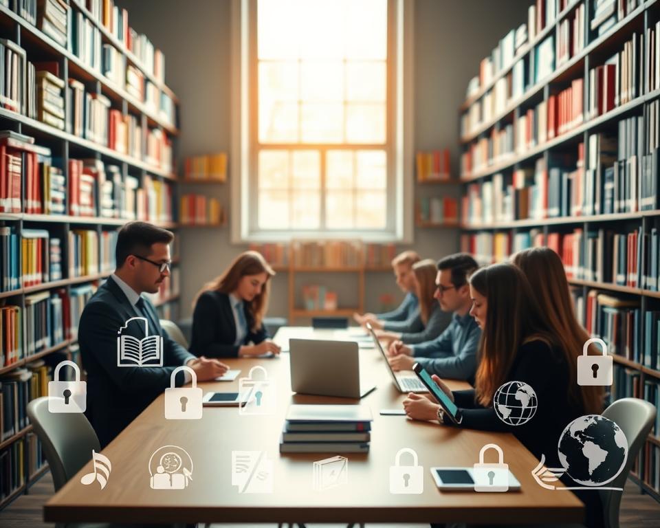 A serene study environment filled with shelves of brightly colored academic books, journals, and digital tablets showcasing various open access resources. In the foreground, a diverse group of doctoral candidates, dressed in professional business attire, are engaged in thoughtful discussion around a large wooden table, surrounded by modern technology like laptops and tablets. The middle layer depicts an array of open access resource icons and symbols, such as unlocked padlocks and globe icons, subtly integrated into the background. Soft, natural light filters through a large window, casting a warm glow that enhances the focused atmosphere. The depth of field creates a professional feel, highlighting the students' engagement while keeping the background elements slightly blurred. The overall mood should evoke a sense of collaboration, innovation, and academic achievement.