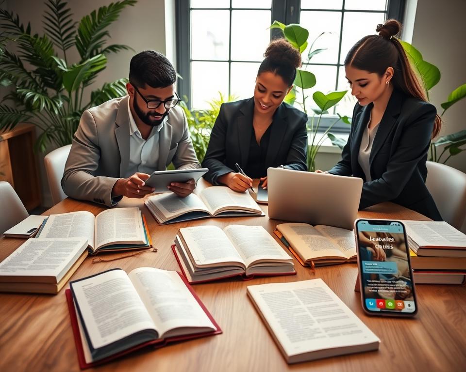 A serene workspace featuring a diverse group of three professionals engaged in focused discussion around a large table cluttered with digital devices displaying Readwise content, books, and notes. In the foreground, a man in smart casual attire is reviewing highlighted excerpts on a tablet, while a woman in a tailored blazer takes notes on a laptop. In the middle, a stack of open books and a sleek smartphone display the Readwise app interface showcasing quotes and learning highlights. The background features a bright window illuminating the scene with natural light, lush green plants adding a refreshing touch. The mood is collaborative and inspired, emphasizing continuous learning and productivity. The camera angle is slightly elevated, capturing the dynamics of teamwork and the innovative tools supporting their learning journey. A serene workspace featuring a diverse group of three professionals engaged in focused discussion around a large table cluttered with digital devices displaying Readwise content, books, and notes. In the foreground, a man in smart casual attire is reviewing highlighted excerpts on a tablet, while a woman in a tailored blazer takes notes on a laptop. In the middle, a stack of open books and a sleek smartphone display the Readwise app interface showcasing quotes and learning highlights. The background features a bright window illuminating the scene with natural light, lush green plants adding a refreshing touch. The mood is collaborative and inspired, emphasizing continuous learning and productivity. The camera angle is slightly elevated, capturing the dynamics of teamwork and the innovative tools supporting their learning journey.