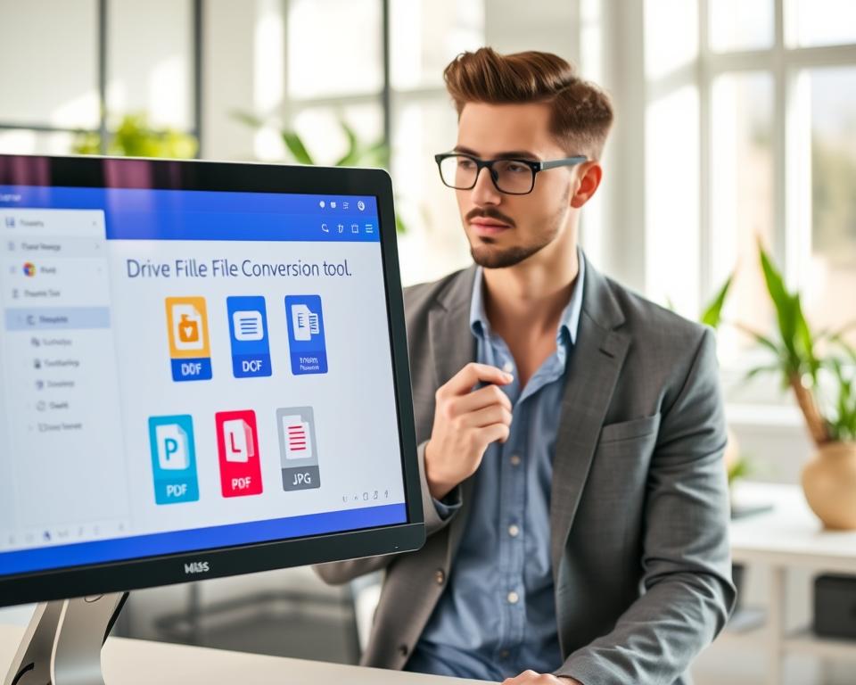 A sleek and modern digital workspace showcasing a "Drive file conversion tool." In the foreground, a high-resolution computer screen displays a user-friendly interface with vibrant icons representing various file formats (PDF, DOCX, JPG) ready for conversion. In the middle ground, a stylish, well-dressed professional in smart casual attire focuses on the screen, with a thoughtful expression, embodying productivity and innovation. The background features a bright and airy office environment with potted plants and minimalistic decor. Soft natural light enters through large windows, casting gentle shadows. The atmosphere is one of efficiency and modern technology, with subtle hints of creativity and organization evident throughout the scene. A sleek and modern digital workspace showcasing a "Drive file conversion tool." In the foreground, a high-resolution computer screen displays a user-friendly interface with vibrant icons representing various file formats (PDF, DOCX, JPG) ready for conversion. In the middle ground, a stylish, well-dressed professional in smart casual attire focuses on the screen, with a thoughtful expression, embodying productivity and innovation. The background features a bright and airy office environment with potted plants and minimalistic decor. Soft natural light enters through large windows, casting gentle shadows. The atmosphere is one of efficiency and modern technology, with subtle hints of creativity and organization evident throughout the scene.