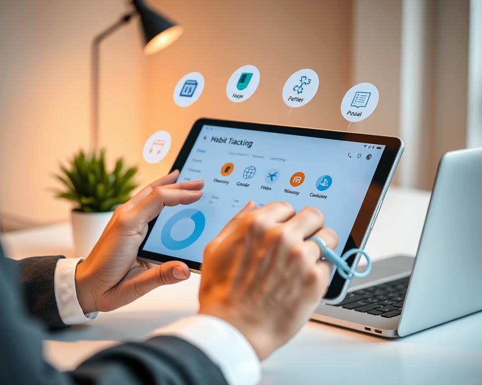 A sleek and modern habit tracking app interface displayed on a tablet, surrounded by various icons representing popular integrations such as calendar, productivity, fitness, and note-taking tools. In the foreground, a user’s hands in professional attire, gently navigating the app screen with a stylus. The middle ground features a minimalistic desk setup with a potted plant and a laptop, enhancing the workspace vibe. In the background, soft ambient lighting casts a warm glow, creating a focused atmosphere. The image is captured with a shallow depth of field to emphasize the tablet's screen while keeping the surrounding elements slightly blurred. This composition conveys efficiency and productivity in habit tracking.