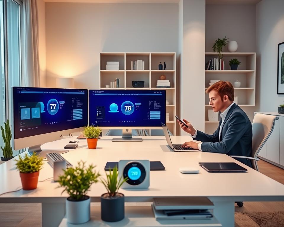 A sleek and modern smart home office setup, featuring a large, elegant desk with multiple screens displaying environmental control applets. In the foreground, tech-savvy individuals in professional business attire interact with their devices, showcasing an engaging collaboration. In the middle ground, vibrant potted plants and smart devices, such as a thermostat and smart lights, create an atmosphere of technological harmony. Soft, natural light filters through a large window, casting a warm glow across the room, enhancing the focus on the applet interfaces. In the background, a minimalist shelving unit holds books and decor items, reinforcing the organized, productive workspace. The overall mood is one of efficiency and comfort, promoting a seamless blend of technology and a welcoming home environment. A sleek and modern smart home office setup, featuring a large, elegant desk with multiple screens displaying environmental control applets. In the foreground, tech-savvy individuals in professional business attire interact with their devices, showcasing an engaging collaboration. In the middle ground, vibrant potted plants and smart devices, such as a thermostat and smart lights, create an atmosphere of technological harmony. Soft, natural light filters through a large window, casting a warm glow across the room, enhancing the focus on the applet interfaces. In the background, a minimalist shelving unit holds books and decor items, reinforcing the organized, productive workspace. The overall mood is one of efficiency and comfort, promoting a seamless blend of technology and a welcoming home environment.