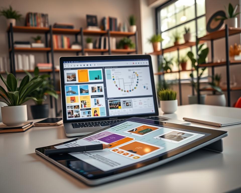 A sleek digital storyboarding tool is displayed on a modern workspace desk, showcasing a vibrant interface filled with colorful storyboard frames, notes, and images. In the foreground, a stylus rests on a high-tech tablet, emphasizing the digital nature of the tool. The middle ground features a laptop screen displaying various layout options and a visual diagram of a narrative arc, bathed in soft, warm lighting that creates a productive atmosphere. In the background, shelves lined with design books and plants add a creative touch, while a large window allows natural light to stream in, enriching the space. The mood is inspiring and focused, ideal for enhancing storyboard layouts. The image captures the essence of creativity and organization in a seamless, professional environment.