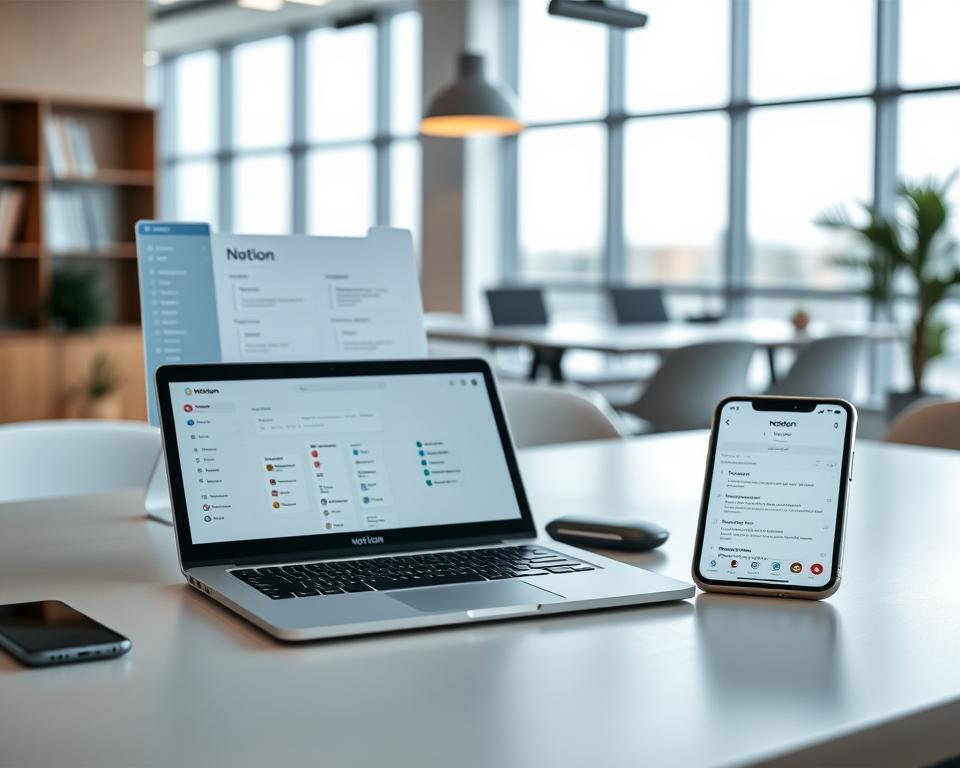 A sleek digital workspace showcasing the integration of Notion and Google Calendar. In the foreground, there is a clean, modern desk with a laptop displaying Notion's interface with interconnected blocks illustrating project tasks and notes. A smartphone nearby shows Google Calendar with scheduled events. In the middle ground, a subtle glow emanates from the screens, highlighting the seamless connectivity between the two applications. The background features a stylish office with a large window allowing soft, natural light to flood the space, accentuating a professional yet relaxed atmosphere. The mood is focused and efficient, emphasizing productivity in a contemporary work environment. The angle is slightly elevated, providing a clear view of the desk setup while maintaining a tidy and inviting overall composition. A sleek digital workspace showcasing the integration of Notion and Google Calendar. In the foreground, there is a clean, modern desk with a laptop displaying Notion's interface with interconnected blocks illustrating project tasks and notes. A smartphone nearby shows Google Calendar with scheduled events. In the middle ground, a subtle glow emanates from the screens, highlighting the seamless connectivity between the two applications. The background features a stylish office with a large window allowing soft, natural light to flood the space, accentuating a professional yet relaxed atmosphere. The mood is focused and efficient, emphasizing productivity in a contemporary work environment. The angle is slightly elevated, providing a clear view of the desk setup while maintaining a tidy and inviting overall composition.