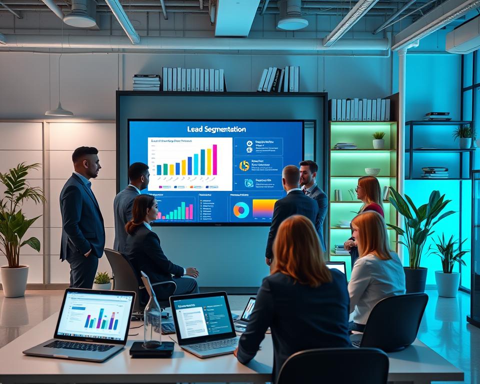 A sleek, modern office environment featuring a professional team engaged in a lead nurturing segmentation process. In the foreground, a diverse group of business professionals, dressed in smart business attire, collaborates around a large digital screen displaying colorful graphs and flowcharts representing lead segmentation. In the middle ground, there are digital devices like laptops and tablets showcasing automation tools, with soft blue and green lighting creating a productive atmosphere. In the background, shelves filled with business books and plants add an element of comfort. The overall mood is focused and innovative, highlighting the importance of effective lead nurturing strategies in the business world, capturing the essence of collaboration and technology.