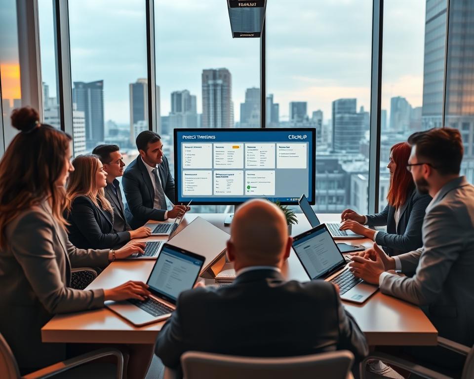 A sleek, modern office environment showcasing ClickUp’s productivity features. In the foreground, a diverse group of professionals in smart business attire are engaged in a collaborative discussion around a large table equipped with laptops and tablets displaying the ClickUp interface. In the middle, an interactive touchscreen shows visual project timelines, task lists, and calendars, symbolizing organization and efficiency. The background features large windows with cityscape views, allowing ample natural light that creates a bright and motivating atmosphere. Use a wide-angle lens to capture the vibrancy of teamwork and productivity, with warm lighting that enhances a sense of focus and creativity. The overall mood is energetic and collaborative, highlighting the ideal scenarios for using ClickUp effectively.