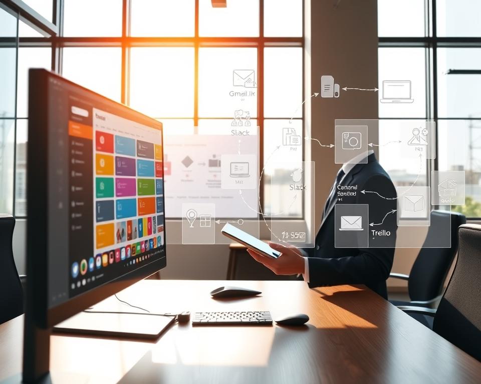 A sleek, modern office environment showcasing advanced automation tools inspired by Zapier. In the foreground, a computer screen displays a vibrant dashboard filled with colorful icons representing various integrations and workflows. A professional individual, wearing smart business attire, is interacting with the screen using a tablet. In the middle of the scene, there are transparent graphs and flow charts that illustrate automation concepts connecting popular apps, like Gmail, Slack, and Trello, symbolizing efficient workflows. The background features large windows allowing natural light to flood the space, creating a warm, productive atmosphere. The angle is slightly above eye level, giving a dynamic perspective on the digital workspace. The mood is inspiring and innovative, capturing the essence of advanced automation for small businesses.