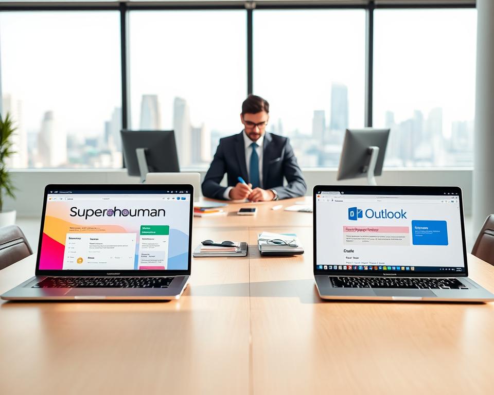 A sleek, modern office setting showcasing a side-by-side comparison of two email clients, Superhuman and Outlook. In the foreground, there are two laptops displaying their respective interfaces, with vibrant colors and distinctive layouts representative of each email client. Between the laptops, a professional individual in business attire is thoughtfully analyzing the features, making notes. In the middle background, a light wooden desk is adorned with various office supplies, while a large window reveals a bright, sunny city skyline. Soft, natural lighting floods the scene, casting gentle shadows and creating a productive, focused atmosphere. The composition emphasizes the theme of pricing and value for money, inviting the viewer to reflect on the advantages of each email service. A sleek, modern office setting showcasing a side-by-side comparison of two email clients, Superhuman and Outlook. In the foreground, there are two laptops displaying their respective interfaces, with vibrant colors and distinctive layouts representative of each email client. Between the laptops, a professional individual in business attire is thoughtfully analyzing the features, making notes. In the middle background, a light wooden desk is adorned with various office supplies, while a large window reveals a bright, sunny city skyline. Soft, natural lighting floods the scene, casting gentle shadows and creating a productive, focused atmosphere. The composition emphasizes the theme of pricing and value for money, inviting the viewer to reflect on the advantages of each email service.