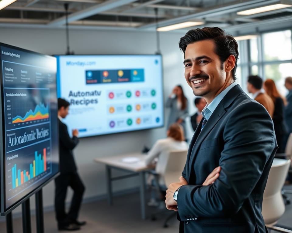 A sleek, modern office space with a focus on sales process automation. In the foreground, a smiling businessperson in professional attire interacts with a digital dashboard displaying graphs and statistics related to sales performance. The middle ground features a large screen showcasing the Monday.com interface with colorful automation recipes and workflow illustrations. In the background, a diverse team of professionals engaged in discussion, emphasizing collaboration and productivity. The lighting is bright and inviting, creating a sense of optimism and progress, with soft shadows to add depth. The angle is slightly elevated to provide a comprehensive view of the workspace, capturing the dynamic energy of a thriving business environment.