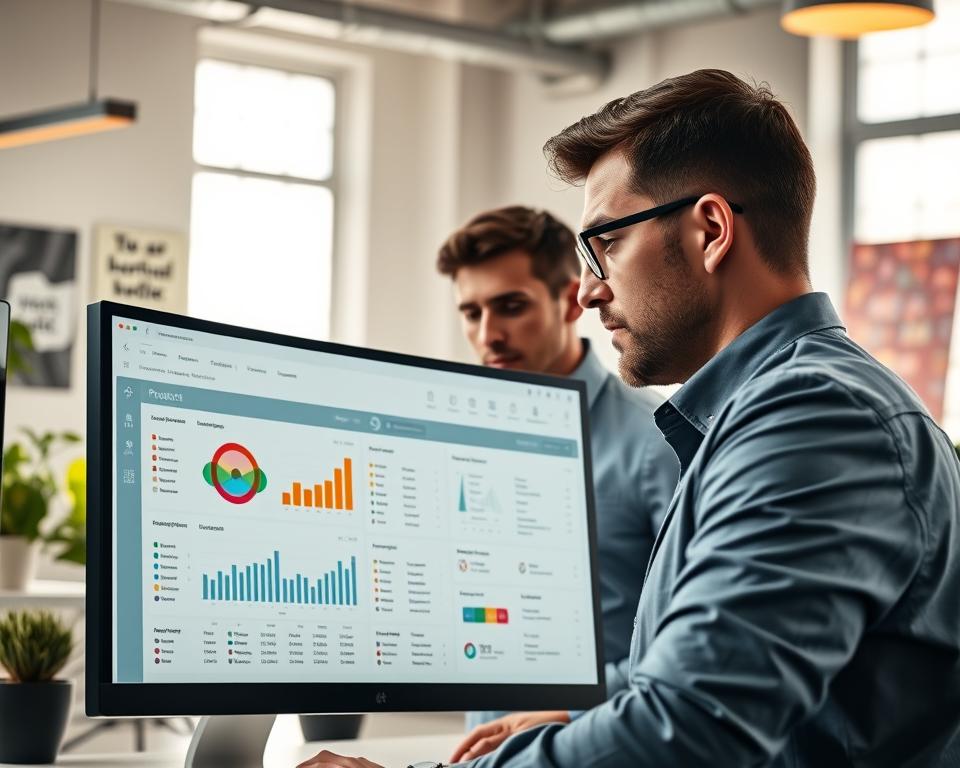 A sleek, modern software development tracking dashboard displayed on a high-resolution computer screen in a bright, productive office environment. In the foreground, the screen shows detailed graphs, charts, and interactive custom fields highlighting project statuses and team assignments, all in vibrant colors for clarity. In the middle, a focused professional, dressed in business casual attire, examines the screen, deeply engaged in the tracking process. The background reveals a well-lit office with motivational posters and plants, enhancing a positive atmosphere. The scene is illuminated by natural light streaming through large windows, creating a warm yet dynamic ambiance that inspires productivity and collaboration. The camera angle captures both the urgency and organization of a thriving software project.