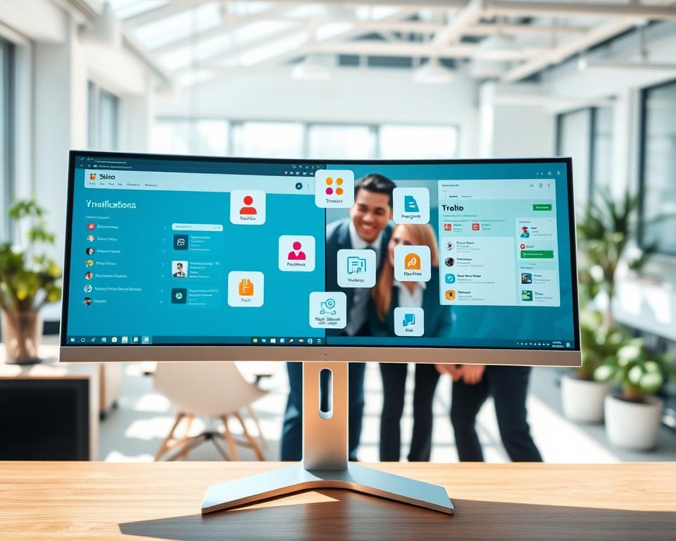 A sleek, modern workspace featuring a computer screen displaying the Slack app on one side and the Trello app on the other. In the foreground, a diverse group of professionals in business attire collaborates, reviewing a digital dashboard with task notifications. The middle layer shows floating icons representing Slack and Trello integrations, such as notifications and task assignments, visually connecting the two platforms. The background features a bright office space with furniture and plants that convey a productive atmosphere. The lighting is bright and natural, suggesting a sunny day. The camera angle is slightly angled from above, showcasing the engagement of the team while maintaining focus on the screen. The overall mood is dynamic and solution-oriented, reflecting teamwork in action. A sleek, modern workspace featuring a computer screen displaying the Slack app on one side and the Trello app on the other. In the foreground, a diverse group of professionals in business attire collaborates, reviewing a digital dashboard with task notifications. The middle layer shows floating icons representing Slack and Trello integrations, such as notifications and task assignments, visually connecting the two platforms. The background features a bright office space with furniture and plants that convey a productive atmosphere. The lighting is bright and natural, suggesting a sunny day. The camera angle is slightly angled from above, showcasing the engagement of the team while maintaining focus on the screen. The overall mood is dynamic and solution-oriented, reflecting teamwork in action.