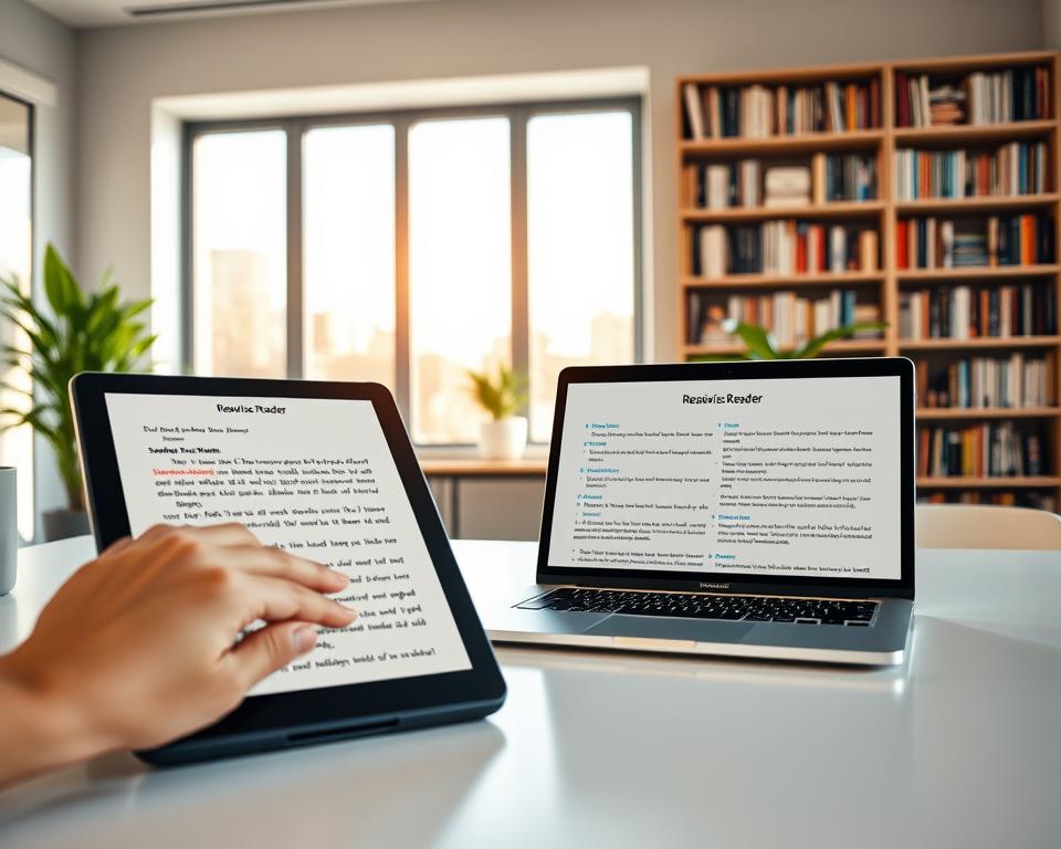 A sleek, modern workspace featuring a desk with an open laptop displaying the Readwise Reader interface. On the left side, a hand is hovering over a digital tablet showcasing highlighted text and notes, emphasizing best practices for effective reading. In the background, a large window lets in soft, natural light, illuminating the neatly organized bookshelves filled with various books, suggesting a love for reading and learning. A potted plant adds a touch of green, enhancing the peaceful atmosphere. The overall setting is professional yet inviting, creating an inspiring mood conducive to productivity and engagement with digital content. The angle captures both the desk and the warm, inviting environment. A sleek, modern workspace featuring a desk with an open laptop displaying the Readwise Reader interface. On the left side, a hand is hovering over a digital tablet showcasing highlighted text and notes, emphasizing best practices for effective reading. In the background, a large window lets in soft, natural light, illuminating the neatly organized bookshelves filled with various books, suggesting a love for reading and learning. A potted plant adds a touch of green, enhancing the peaceful atmosphere. The overall setting is professional yet inviting, creating an inspiring mood conducive to productivity and engagement with digital content. The angle captures both the desk and the warm, inviting environment.
