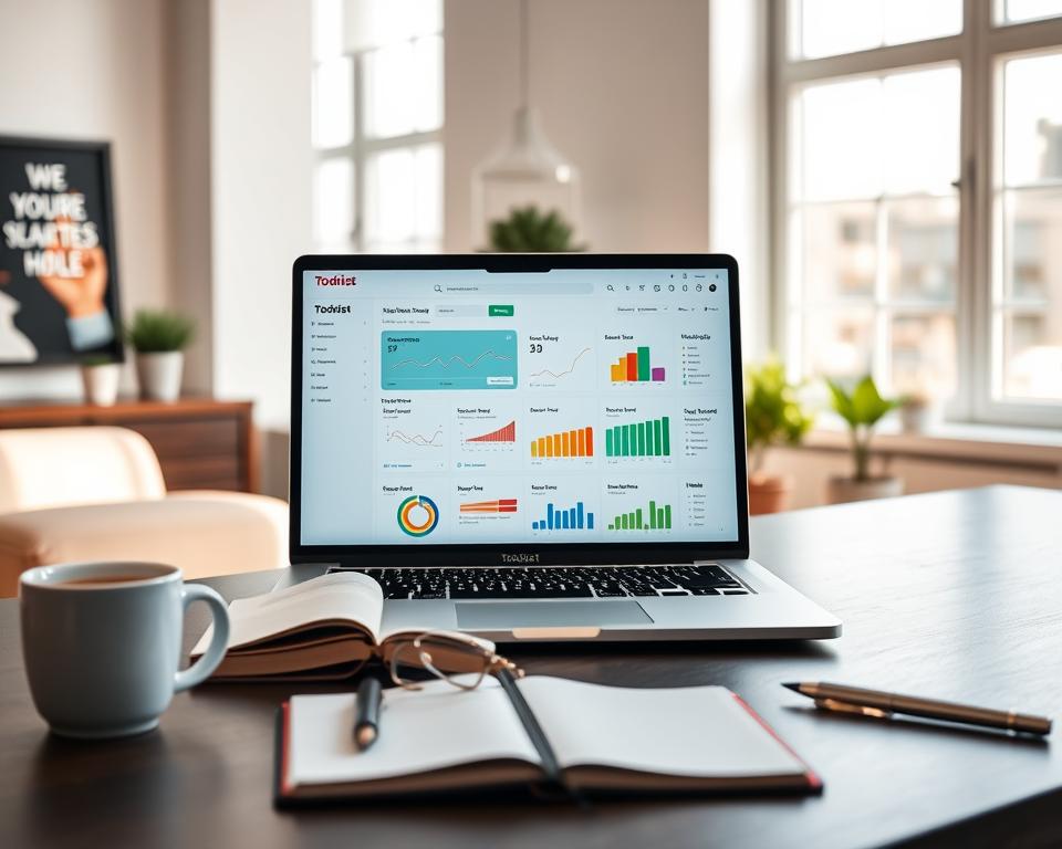 A sleek, modern workspace featuring a laptop open to the Todoist habit tracking interface, showcasing various colorful habit tracking charts and progress bars. In the foreground, a neatly organized desk with a stylish notebook, a coffee cup, and motivational quotes visually inspiring productivity. The middle ground highlights the laptop's screen displaying the Todoist app, with clear sections for daily tasks and habit tracking. In the background, soft, natural light illuminates the room through a large window, giving a warm and inviting atmosphere. The setting conveys a professional yet comfortable mood, ideal for productivity and focus, with an emphasis on the features that enhance habit tracking. The angle is slightly elevated, providing a comprehensive view of the setup.
