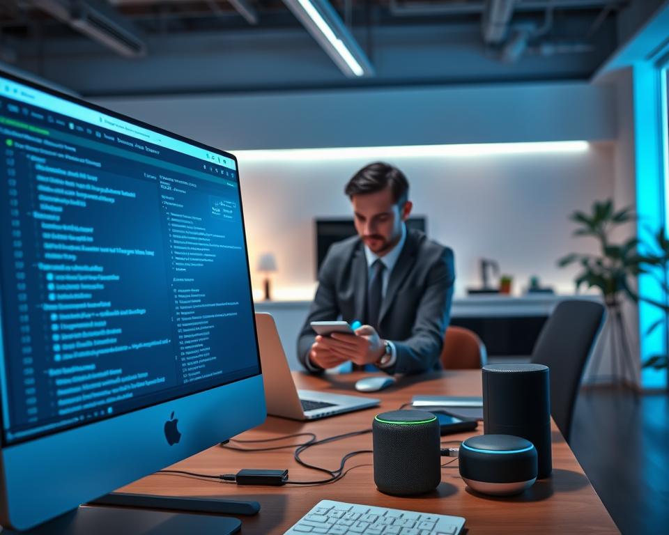 A sleek, modern workspace featuring advanced webhook debugging tools in action. In the foreground, a computer screen displays a clean, detailed interface with real-time data logs, error messages, and connection statuses, illuminated by soft blue and green lighting for a tech-savvy ambiance. In the middle, a focused professional in business attire is analyzing the data with an intent expression, surrounded by various devices like a laptop, smartphone, and smart speaker that are interconnected, symbolizing the integration of non-supported apps. The background showcases a minimalistic office setting with high-tech elements and ambient lighting to create a comfortable atmosphere ideal for troubleshooting. The overall mood is one of concentration and problem-solving, reflecting a high-tech, innovative environment. A sleek, modern workspace featuring advanced webhook debugging tools in action. In the foreground, a computer screen displays a clean, detailed interface with real-time data logs, error messages, and connection statuses, illuminated by soft blue and green lighting for a tech-savvy ambiance. In the middle, a focused professional in business attire is analyzing the data with an intent expression, surrounded by various devices like a laptop, smartphone, and smart speaker that are interconnected, symbolizing the integration of non-supported apps. The background showcases a minimalistic office setting with high-tech elements and ambient lighting to create a comfortable atmosphere ideal for troubleshooting. The overall mood is one of concentration and problem-solving, reflecting a high-tech, innovative environment.