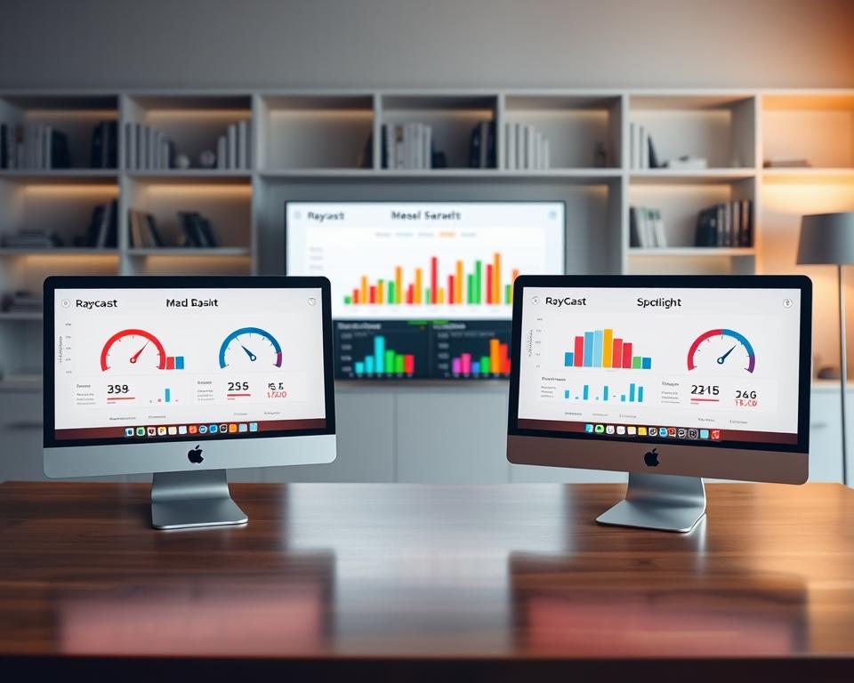 A sleek, modern workspace showcasing a dynamic performance comparison between Raycast and Spotlight. In the foreground, a polished wooden desk holds two high-end Mac computers side by side, their screens displaying vivid benchmarks with graphs and statistics comparing speed and responsiveness. The middle layer features a large digital display or chart, visually contrasting the two apps' performance metrics with colorful bar graphs and speed indicators. The background includes blurred shelves filled with tech books and ambient lighting that creates a professional atmosphere, evoking a sense of focus and productivity. The overall mood is contemporary and tech-savvy, emphasizing clarity and precision in the visual data representation. The lighting is soft and diffused, ideal for a clean and engaging image. A sleek, modern workspace showcasing a dynamic performance comparison between Raycast and Spotlight. In the foreground, a polished wooden desk holds two high-end Mac computers side by side, their screens displaying vivid benchmarks with graphs and statistics comparing speed and responsiveness. The middle layer features a large digital display or chart, visually contrasting the two apps' performance metrics with colorful bar graphs and speed indicators. The background includes blurred shelves filled with tech books and ambient lighting that creates a professional atmosphere, evoking a sense of focus and productivity. The overall mood is contemporary and tech-savvy, emphasizing clarity and precision in the visual data representation. The lighting is soft and diffused, ideal for a clean and engaging image.