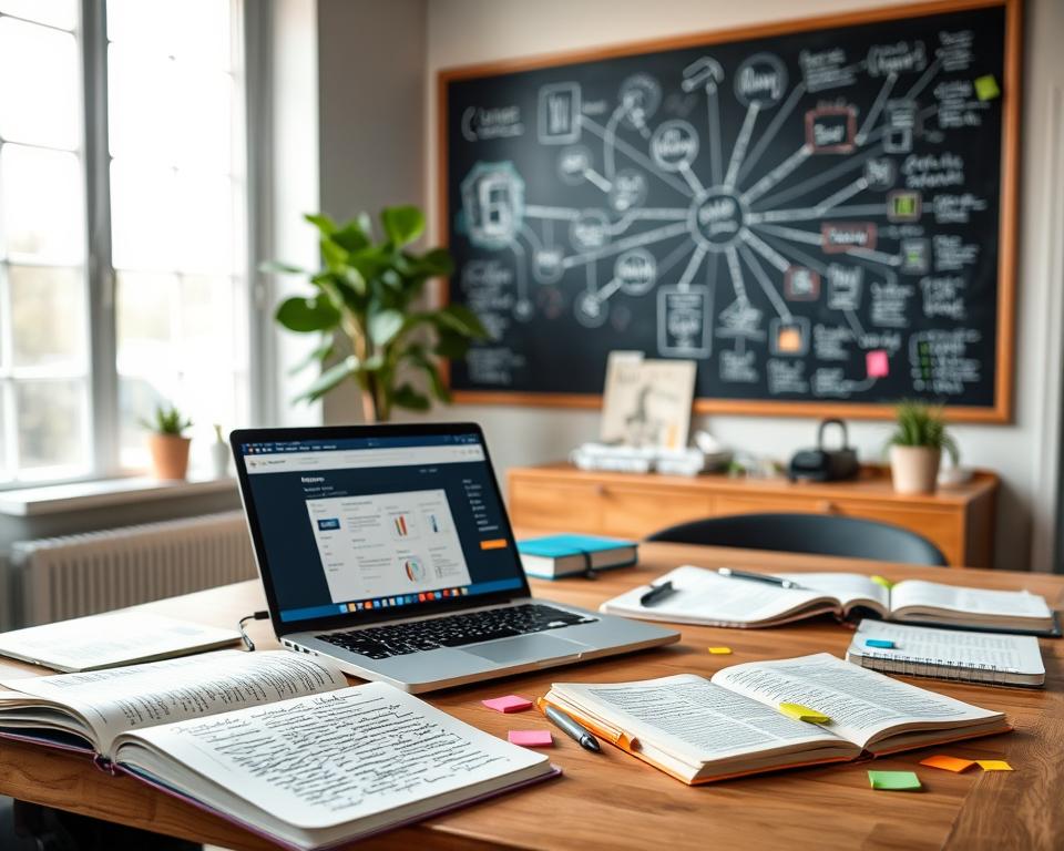 A sleek, modern workspace showcasing advanced knowledge management tools. In the foreground, a well-organized desk filled with an open laptop displaying Obsidian's interface, notebooks filled with handwritten notes, and colorful sticky notes. The middle ground features a chalkboard with mind maps and flowcharts, symbolizing interconnected ideas. In the background, a large, bright window allows natural light to flood the room, illuminating the space and creating a warm, inspiring atmosphere. A potted plant adds a touch of nature, promoting creativity. The scene is captured from a slightly elevated angle to provide depth, emphasizing productivity and sophistication. The overall mood is one of focus and innovation, encouraging academic exploration. A sleek, modern workspace showcasing advanced knowledge management tools. In the foreground, a well-organized desk filled with an open laptop displaying Obsidian's interface, notebooks filled with handwritten notes, and colorful sticky notes. The middle ground features a chalkboard with mind maps and flowcharts, symbolizing interconnected ideas. In the background, a large, bright window allows natural light to flood the room, illuminating the space and creating a warm, inspiring atmosphere. A potted plant adds a touch of nature, promoting creativity. The scene is captured from a slightly elevated angle to provide depth, emphasizing productivity and sophistication. The overall mood is one of focus and innovation, encouraging academic exploration.