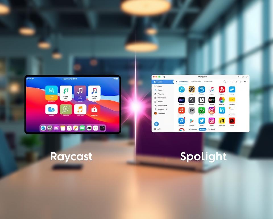 A sleek, split-screen illustration comparing Raycast and Spotlight integration capabilities for Mac search apps. In the foreground, display two distinct user interfaces: on the left, a polished Raycast design showcasing vibrant colors and intuitive layout, with icons symbolizing various integrations like calendars, tasks, and notes; on the right, a more minimalistic Spotlight interface with a clean, white background, featuring a search bar and integrated application icons. In the middle, a glowing line divides the two, symbolizing competition. The background is a blurred image of a modern workspace with subtle lighting, creating a tech-savvy atmosphere. Use a soft focus effect to enhance depth, with a slight warm light sourcing to evoke approachability and innovation. Ensure no text or branding elements distract from the visual comparison. A sleek, split-screen illustration comparing Raycast and Spotlight integration capabilities for Mac search apps. In the foreground, display two distinct user interfaces: on the left, a polished Raycast design showcasing vibrant colors and intuitive layout, with icons symbolizing various integrations like calendars, tasks, and notes; on the right, a more minimalistic Spotlight interface with a clean, white background, featuring a search bar and integrated application icons. In the middle, a glowing line divides the two, symbolizing competition. The background is a blurred image of a modern workspace with subtle lighting, creating a tech-savvy atmosphere. Use a soft focus effect to enhance depth, with a slight warm light sourcing to evoke approachability and innovation. Ensure no text or branding elements distract from the visual comparison.