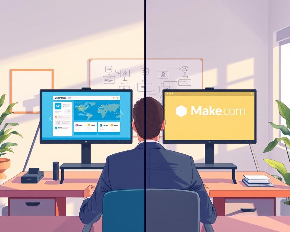 A split-screen illustration depicting the ease of use of two automation platforms: Zapier on the left and Make.com on the right. In the foreground, a user in professional business attire interacts with both platforms on dual monitors, showcasing a seamless workflow. The middle ground features vibrant, color-coded user interfaces representing each platform—Zapier in a user-friendly blue theme and Make.com in a modern green aesthetic. In the background, a cozy, well-lit office setup with an inviting atmosphere, soft daylight filtering through a window, casting gentle shadows and highlighting a whiteboard with flowcharts. The overall mood is one of productivity and clarity, emphasizing the user-friendly features of both platforms while ensuring a clean, professional look.