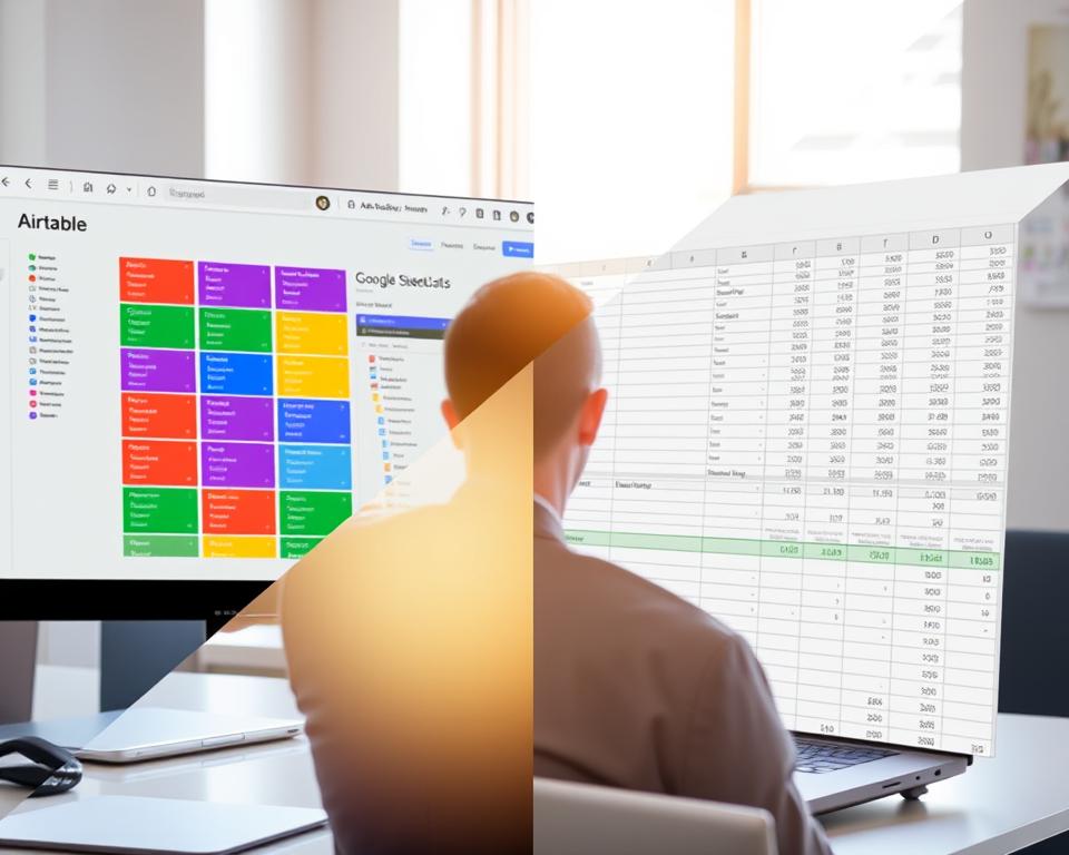 A split-screen image illustrating a data management comparison between Airtable and Google Sheets. The left side features an organized Airtable interface with colorful blocks representing different data categories, vibrant and well-structured. The right side showcases a Google Sheets spreadsheet, filled with neatly aligned rows and columns, displaying numerical data and graphs. In the foreground, a person in business attire studies both interfaces on a laptop, symbolizing decision-making. The middle ground highlights a subtle glow from each screen, emphasizing their functionality. The background displays a modern office environment with soft, natural lighting streaming through a window. The atmosphere is focused and professional, capturing the essence of effective data organization and management.