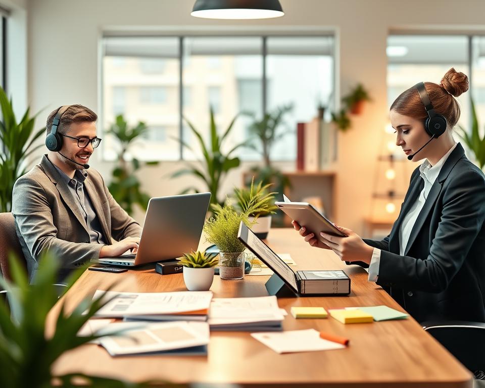 A split-screen image showcasing two distinct customer support environments for Basecamp and Teamwork. In the foreground, on the left side, depict a Basecamp support representative dressed in a smart, casual outfit, engaged in a friendly video call with a client using a laptop. On the right side, feature a Teamwork support agent in formal business attire, reviewing customer queries on a tablet, with sticky notes and a priority checklist beside them. In the middle ground, include elements like support resources such as guides and FAQs on an office desk, surrounded by a warm, inviting atmosphere. The background should showcase comfortable office settings with plants and soft lighting, enhancing a professional yet approachable mood, emphasizing the importance of effective customer support in client management.