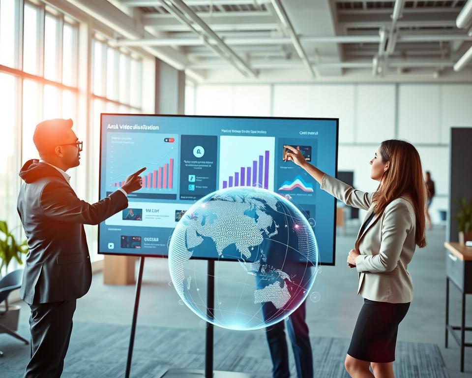 A vibrant and dynamic digital workspace depicting the concept of optimizing video distribution. In the foreground, a diverse group of three professionals dressed in smart business attire are engaged in a collaborative discussion, pointing at a large screen displaying analytics and video distribution charts. The middle section features futuristic tech elements, such as network connections and video thumbnails linking across a globe, symbolizing global reach. In the background, a bright and open office space with large windows floods the scene with natural light, creating a motivating atmosphere. The overall mood is energetic and inspiring, emphasizing teamwork and innovation. Use a wide-angle lens effect for depth, with a soft focus on the professionals while keeping the screen in sharp detail. A vibrant and dynamic digital workspace depicting the concept of optimizing video distribution. In the foreground, a diverse group of three professionals dressed in smart business attire are engaged in a collaborative discussion, pointing at a large screen displaying analytics and video distribution charts. The middle section features futuristic tech elements, such as network connections and video thumbnails linking across a globe, symbolizing global reach. In the background, a bright and open office space with large windows floods the scene with natural light, creating a motivating atmosphere. The overall mood is energetic and inspiring, emphasizing teamwork and innovation. Use a wide-angle lens effect for depth, with a soft focus on the professionals while keeping the screen in sharp detail.