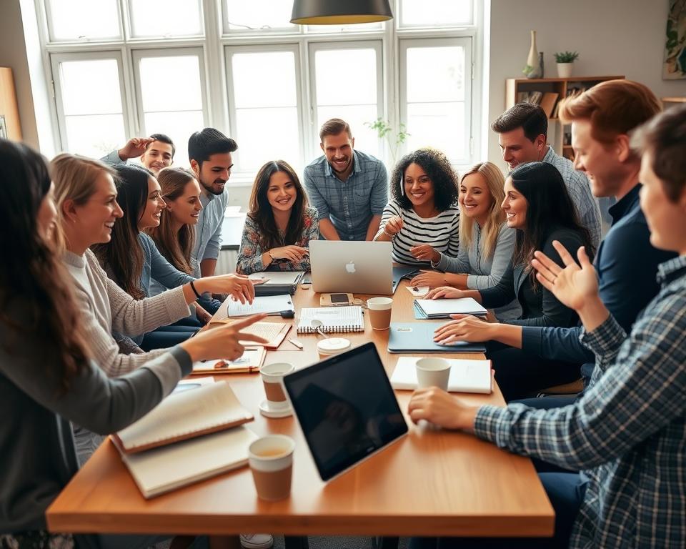 A vibrant community gathering in a cozy, well-lit co-working space. In the foreground, a diverse group of people of various ethnicities and ages are engaged in collaborative discussions, some pointing at notes on laptops and others sharing ideas on paper. In the middle, a large table is filled with notebooks, laptops, and coffee cups, creating an atmosphere of creativity and support. In the background, bright windows allow natural light to flood the room, enhancing the feeling of openness. Soft, encouraging smiles and active gestures convey a sense of camaraderie and teamwork. The scene is inviting, with warm colors and a focus on interaction, evoking a sense of belonging and collaboration among individuals united by a common goal. A vibrant community gathering in a cozy, well-lit co-working space. In the foreground, a diverse group of people of various ethnicities and ages are engaged in collaborative discussions, some pointing at notes on laptops and others sharing ideas on paper. In the middle, a large table is filled with notebooks, laptops, and coffee cups, creating an atmosphere of creativity and support. In the background, bright windows allow natural light to flood the room, enhancing the feeling of openness. Soft, encouraging smiles and active gestures convey a sense of camaraderie and teamwork. The scene is inviting, with warm colors and a focus on interaction, evoking a sense of belonging and collaboration among individuals united by a common goal.