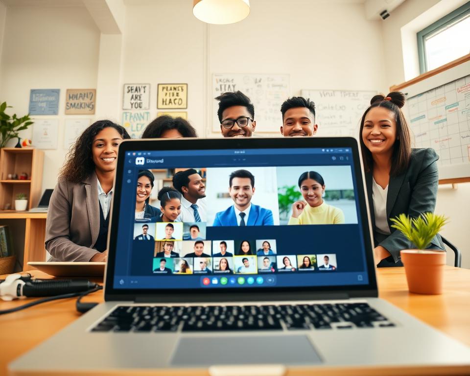A vibrant digital workspace scene showcasing a diverse group of professionals engaging in a brainstorming session on a Discord call. In the foreground, a laptop screen displays a colorful Discord interface with various channels and user icons. The middle layer features focused individuals of different ethnicities, dressed in smart business casual clothing, participating actively through video, showcasing expressions of excitement and concentration. The background depicts a cozy office environment with motivational posters and a whiteboard filled with ideas. Soft, natural lighting is filtering in from a nearby window, creating a warm and collaborative atmosphere. The angle captures a dynamic perspective of the group collaboration, emphasizing connection and creativity, with an encouraging mood for success stories. A vibrant digital workspace scene showcasing a diverse group of professionals engaging in a brainstorming session on a Discord call. In the foreground, a laptop screen displays a colorful Discord interface with various channels and user icons. The middle layer features focused individuals of different ethnicities, dressed in smart business casual clothing, participating actively through video, showcasing expressions of excitement and concentration. The background depicts a cozy office environment with motivational posters and a whiteboard filled with ideas. Soft, natural lighting is filtering in from a nearby window, creating a warm and collaborative atmosphere. The angle captures a dynamic perspective of the group collaboration, emphasizing connection and creativity, with an encouraging mood for success stories.