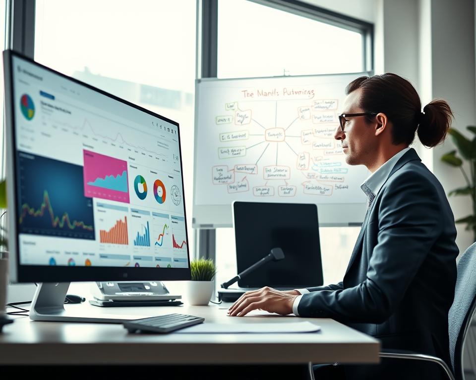 A vibrant, modern office environment depicting an online store management workspace. In the foreground, a sleek computer screen displays a colorful dashboard of e-commerce automation tools, with graphs and workflow automation visualizations. A focused professional in smart casual attire interacts with the computer, showcasing engagement with the tasks. In the middle, a whiteboard features a mind map of common pitfalls in automation, filled with colorful markers outlining key concepts. In the background, soft, natural lighting filters through large windows, creating a bright and inviting atmosphere. The overall mood is dynamic and inspiring, emphasizing the efficiency brought by automation while avoiding common mistakes. The angle is slightly elevated, providing a clear view of the workspace and the professional's efforts. A vibrant, modern office environment depicting an online store management workspace. In the foreground, a sleek computer screen displays a colorful dashboard of e-commerce automation tools, with graphs and workflow automation visualizations. A focused professional in smart casual attire interacts with the computer, showcasing engagement with the tasks. In the middle, a whiteboard features a mind map of common pitfalls in automation, filled with colorful markers outlining key concepts. In the background, soft, natural lighting filters through large windows, creating a bright and inviting atmosphere. The overall mood is dynamic and inspiring, emphasizing the efficiency brought by automation while avoiding common mistakes. The angle is slightly elevated, providing a clear view of the workspace and the professional's efforts.