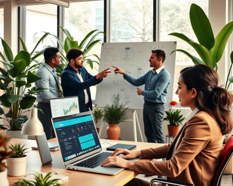 A vibrant office setting showcasing a diverse group of professionals collaborating on automating YouTube video distribution. In the foreground, a focused woman in business attire is seated at a desk, working on a laptop displaying a YouTube analytics dashboard. In the middle ground, a man in smart casual clothing gestures towards a whiteboard filled with flowcharts and automation tools. Behind them, large windows let in warm, natural light, highlighting green plants and a modern workspace. The atmosphere is energetic yet organized, reflecting creativity and teamwork. The scene is shot from a slight low angle to emphasize the teamwork and innovative environment, with soft shadows and bright, inviting colors creating an inspiring mood.
