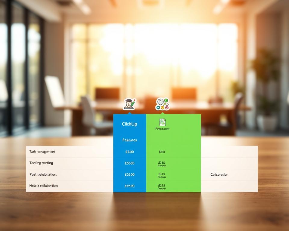 A visual representation of a pricing comparison chart for project management software, showcasing ClickUp and Monday. In the foreground, a detailed bar graph illustrates different pricing tiers for each platform, with distinct colors for easy differentiation. The middle layer features illustrated icons representing various features such as task management, reporting, and collaboration, strategically placed near the bars they correspond to. In the background, a blurred office setting is visible, indicating a professional atmosphere, with a warm, soft light filtering through large windows, suggesting a bright morning. Use a subtle depth of field effect to focus on the chart while softly blurring the background elements. The overall mood should be one of clarity and professionalism, ideal for a business context.