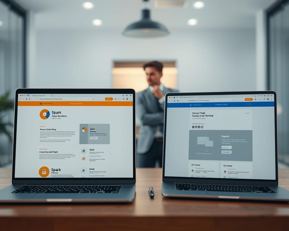 A visually compelling comparison image depicting a sleek and modern workspace focused on privacy-focused email services. In the foreground, a laptop screen displays the interfaces of Spark and Canary Mail side by side, with charts and features highlighted. In the middle, a subtle reflection of a thoughtful professional dressed in smart business attire, contemplating their email choices. The background features a calm, minimalistic office environment with soft lighting that suggests a safe and secure atmosphere. Use a shallow depth of field to emphasize the laptop while maintaining a harmonious color palette of blues and greys, evoking a sense of trust and professionalism. The overall mood should convey clarity, focus, and an emphasis on privacy in communication.