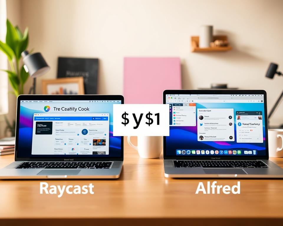 A visually compelling side-by-side comparison of two popular Mac productivity tools, Raycast and Alfred. In the foreground, depict sleek, modern MacBook laptops displaying their respective interfaces: Raycast on the left, showcasing its streamlined workflow features, and Alfred on the right, featuring its powerful search functionalities. In the middle, include elements representing their pricing structures, like price tags or charts, in a subtle and elegant manner. The background should be a soft-focus workspace, with warm, natural lighting illuminating a stylish desk setup with tools like notebooks and coffee mugs. The overall mood is professional and focused, inviting power users to reflect on functionality and value for money in their productivity software.