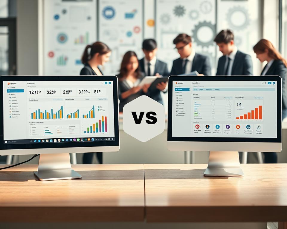 A visually engaging and informative comparison of automation workflows, showing two distinct platforms: Zapier and Make.com. In the foreground, depict two sleek, modern dashboards on computer screens, each displaying colorful graphs and pricing tiers. On the middle ground, illustrate a diverse group of professional businesspeople in business attire, analyzing data on tablets, representing collaboration and analysis. The background features a digital workspace atmosphere with abstract representations of workflow processes, such as gears and arrows, subtly integrated into the design. Use natural lighting to create an engaging, bright working environment, with a slight depth of field focusing on the dashboards, emphasizing clarity and detail. The overall mood should be dynamic, reflecting innovation and decision-making in automation solutions.