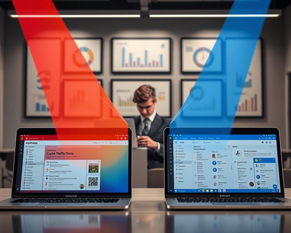 A visually engaging and informative comparison of email productivity tools, featuring a sleek, modern office environment. In the foreground, two laptops open side by side, one displaying the Superhuman interface with vibrant colors and rapid notifications, the other showing Outlook's organized layout with clear inbox management. In the middle ground, a professional person in business attire, deeply focused, is using one of the laptops, with dynamic lines flowing from the screens representing speed and efficiency. The background includes framed charts illustrating performance statistics, with soft, focused lighting that highlights the tools’ features. The atmosphere is one of productivity and professionalism, evoking a sense of urgency and effectiveness in email management. A visually engaging and informative comparison of email productivity tools, featuring a sleek, modern office environment. In the foreground, two laptops open side by side, one displaying the Superhuman interface with vibrant colors and rapid notifications, the other showing Outlook's organized layout with clear inbox management. In the middle ground, a professional person in business attire, deeply focused, is using one of the laptops, with dynamic lines flowing from the screens representing speed and efficiency. The background includes framed charts illustrating performance statistics, with soft, focused lighting that highlights the tools’ features. The atmosphere is one of productivity and professionalism, evoking a sense of urgency and effectiveness in email management.