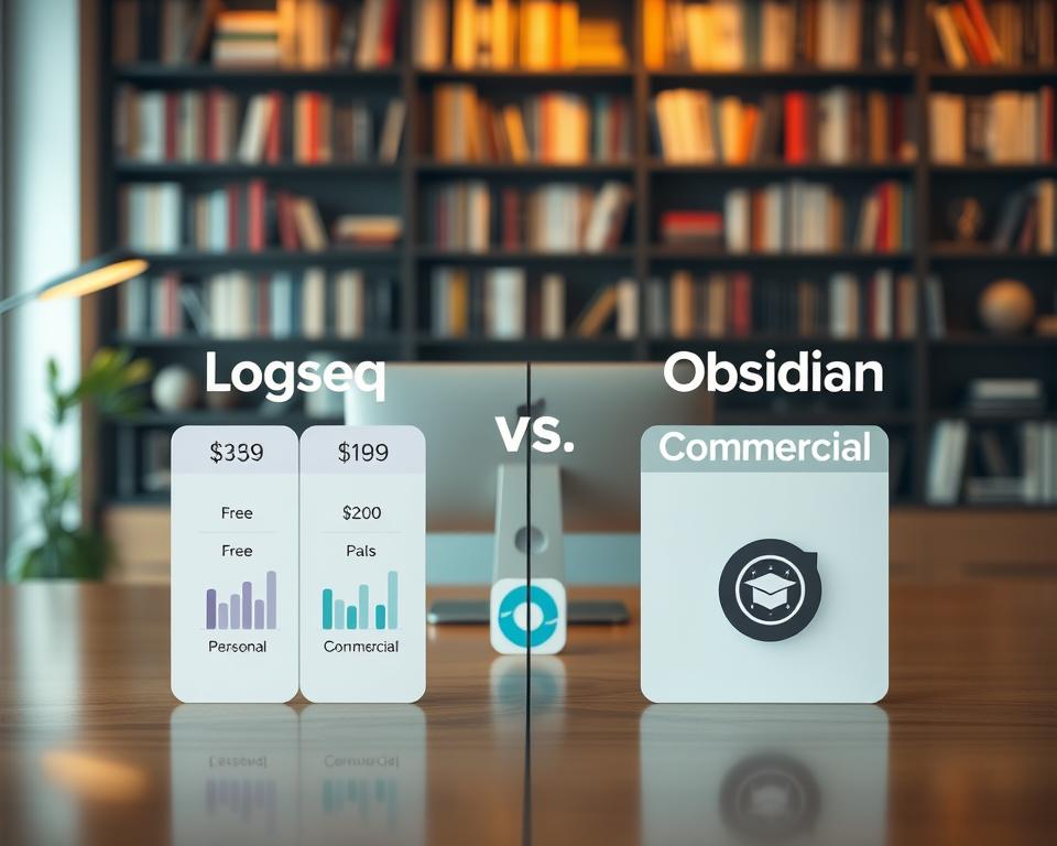 A visually engaging and informative composition showcasing a pricing comparison between Logseq and Obsidian note-taking applications. In the foreground, an elegant split-screen highlighting key pricing figures, represented by sleek charts or icons for "Free," "Personal," "Commercial" plans. In the middle ground, stylized app logos placed on a modern office desk with a subtle reflection, conveying a sense of professionalism. The background features a soft-focus bookshelf filled with research material, suggesting a knowledge-driven environment. Warm, ambient lighting creates an inviting atmosphere, while a slight overhead angle offers a comprehensive view of the scene. The overall mood is analytical and contemporary, appealing to researchers and professionals considering their options. A visually engaging and informative composition showcasing a pricing comparison between Logseq and Obsidian note-taking applications. In the foreground, an elegant split-screen highlighting key pricing figures, represented by sleek charts or icons for "Free," "Personal," "Commercial" plans. In the middle ground, stylized app logos placed on a modern office desk with a subtle reflection, conveying a sense of professionalism. The background features a soft-focus bookshelf filled with research material, suggesting a knowledge-driven environment. Warm, ambient lighting creates an inviting atmosphere, while a slight overhead angle offers a comprehensive view of the scene. The overall mood is analytical and contemporary, appealing to researchers and professionals considering their options.