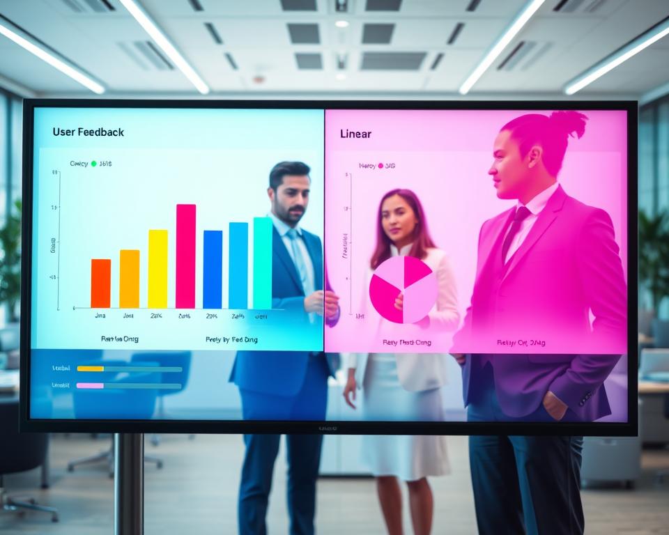 A visually engaging comparison of user feedback for software tools, set in a modern office environment. In the foreground, a large digital screen displays colorful bar graphs and pie charts illustrating user ratings for Jira and Linear side by side. In the middle ground, two professionals in business attire, a diverse mix of genders and ethnicities, are analyzing the data with focused expressions. The background features sleek office furniture and soft, ambient lighting that creates a motivational atmosphere. The scene captures a sense of collaboration and informed decision-making. Use a wide-angle lens to emphasize the workspace, with a bright yet calm color palette to enhance the professional mood.