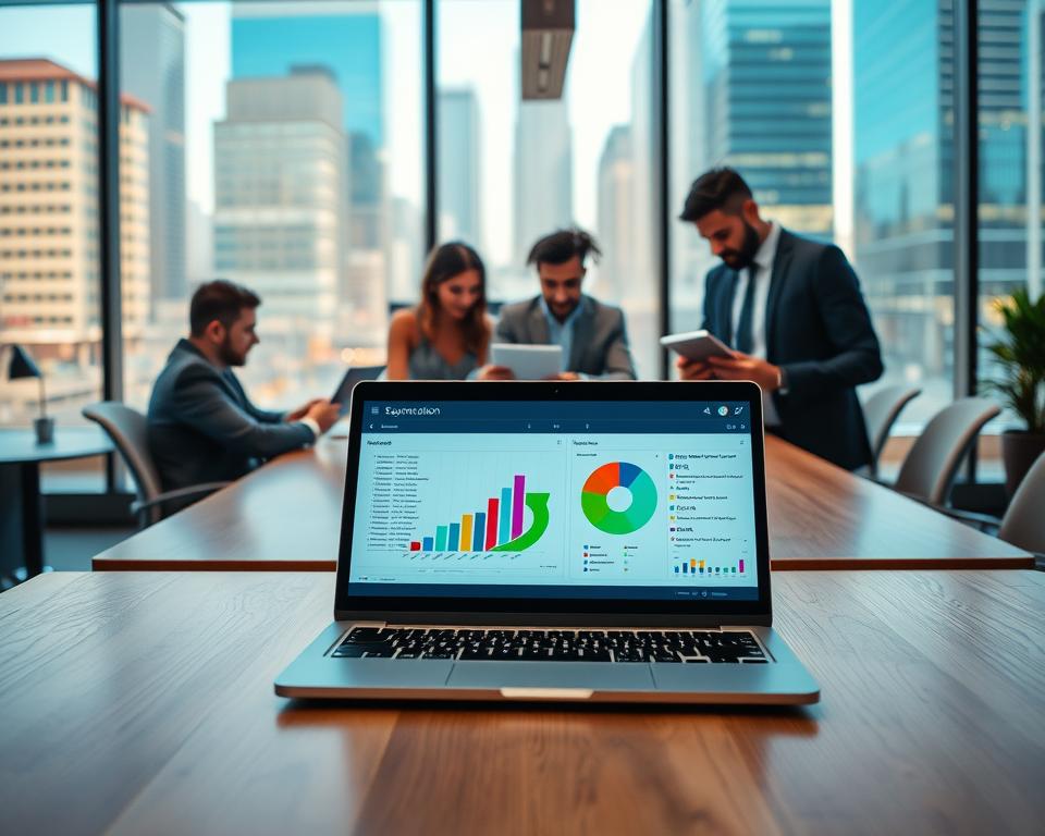A visually engaging office workspace depicting the concept of email list segmentation. In the foreground, a sleek laptop is open, showcasing a vibrant pie chart and colorful segmented lists on the screen, representing various customer demographics. In the middle, a diverse group of three professionals, dressed in smart business attire, collaborate at a large wooden table, analyzing data on tablets and documents. The background features large windows with soft, natural light highlighting bustling city views, creating an energetic yet focused atmosphere. The color scheme is bright and inviting, with blues and greens dominating, reflecting innovation in email marketing strategies. The overall mood is one of productivity and teamwork, emphasizing the importance of syncing CRM contacts effectively.