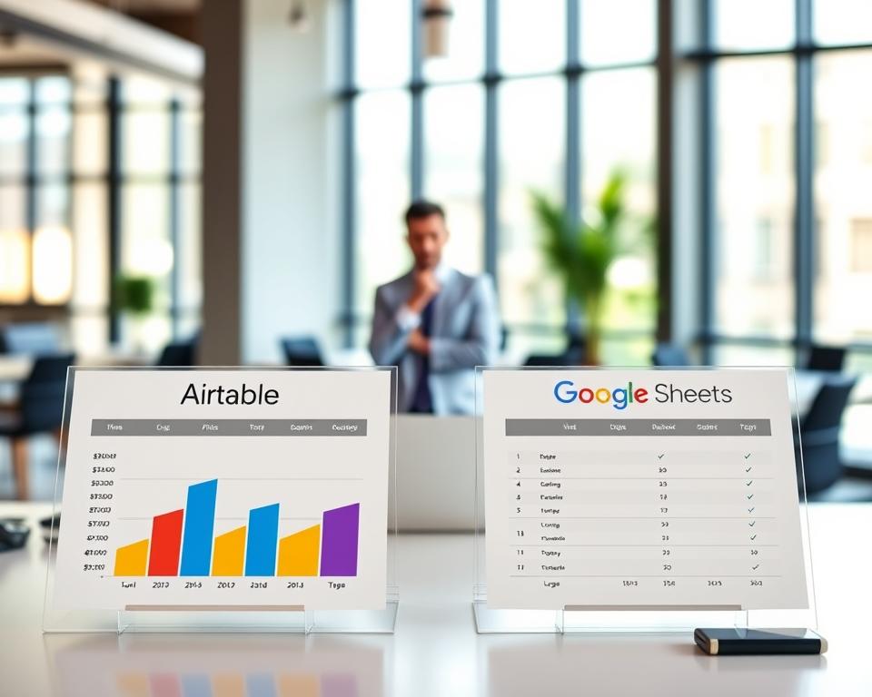 A visually engaging scene comparing Airtable and Google Sheets pricing in a professional setting. In the foreground, two elegant charts side by side on a desk, one showcasing Airtable's pricing structure in vibrant colors, and the other displaying Google Sheets in a more subdued palette. Use a modern, sleek desk with subtle tech elements like a laptop and smartphone. In the middle ground, include a blurred figure dressed in business casual attire, thoughtfully analyzing the charts. The background features a contemporary office environment with natural light streaming in through large windows, creating a warm and inviting atmosphere. Use a shallow depth of field to keep the focus on the pricing comparison while maintaining a professional and informative mood.