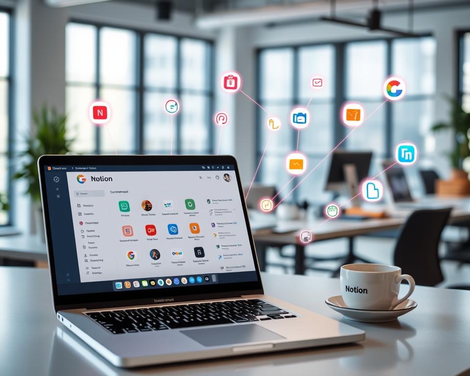 A visually engaging workspace centered around Notion integrations, showcasing various digital tools and icons interconnected with vibrant lines. In the foreground, a sleek modern laptop displays the Notion dashboard with colorful integration icons like Trello, Google Drive, and Zapier, subtly glowing. The middle layer features a stylish desk with a potted plant, notebooks, and a coffee cup, adding a touch of warmth. The background is a soft-focus office environment with large windows allowing natural light to filter in, creating an inspiring and productive atmosphere. The image should evoke a sense of organization, efficiency, and modern technology use. The overall lighting should be bright and inviting, captured from a slightly elevated angle to provide depth.