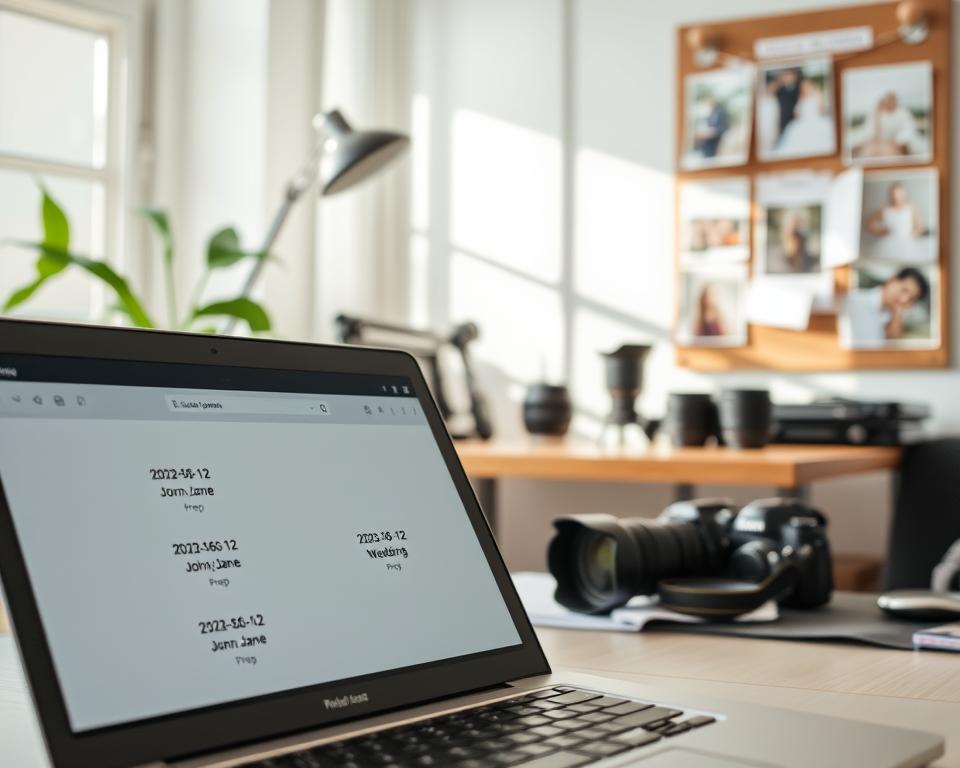 A visually engaging workspace scene focused on file naming conventions for photographers. In the foreground, a sleek laptop displays an organized digital folder with clearly labeled files, such as "2023-06-12_Wedding_John_Jane" and "2023-06-12_Wedding_Prep". In the middle, a stylish desk is cluttered with photography equipment, including a DSLR camera and lenses. Soft, natural light filters in from a window, creating a warm and inviting atmosphere. The background features a mood board with wedding photography inspiration and additional file names pinned. The overall tone is professional and organized, conveying the importance of digital organization for wedding photographers. The composition emphasizes clarity and creativity without distractions or text. A visually engaging workspace scene focused on file naming conventions for photographers. In the foreground, a sleek laptop displays an organized digital folder with clearly labeled files, such as "2023-06-12_Wedding_John_Jane" and "2023-06-12_Wedding_Prep". In the middle, a stylish desk is cluttered with photography equipment, including a DSLR camera and lenses. Soft, natural light filters in from a window, creating a warm and inviting atmosphere. The background features a mood board with wedding photography inspiration and additional file names pinned. The overall tone is professional and organized, conveying the importance of digital organization for wedding photographers. The composition emphasizes clarity and creativity without distractions or text.