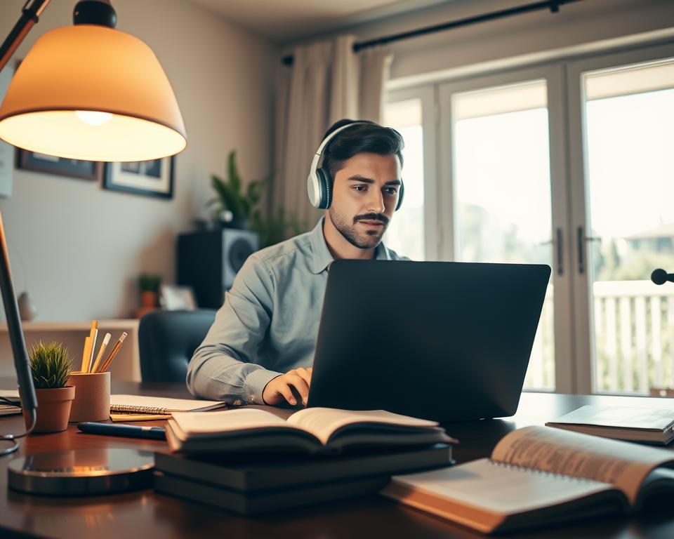A warm and inviting home office scene, featuring a professional-looking person sitting at a desk, focused on their laptop while using Loom for video messaging. The individual, dressed in smart casual attire, wears headphones and has a thoughtful expression, as if carefully crafting their message. In the foreground, a soft, modern desk lamp provides gentle lighting, highlighting their face. The middle ground showcases a tidy workspace with stationery, a potted plant, and an open notebook filled with notes. In the background, a large window reveals a bright, sunny day outside, casting natural light into the room, creating a productive and positive atmosphere. The overall mood is one of creativity and communication, emphasizing the essence of asynchronous messaging.