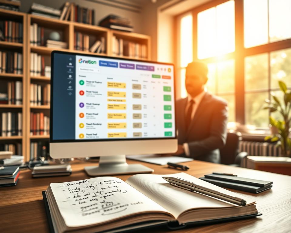 A well-organized workspace featuring a digital screen displaying a Notion project tracking dashboard, with vibrant, color-coded task lists and visual progress indicators. In the foreground, a open notebook with handwritten notes and a pen, symbolizing project management. The middle ground features a professional person in business attire, analyzing the screen with focused expression. The background includes shelves filled with books and a large window letting in warm, natural light, creating a productive atmosphere. The lighting is soft and inviting, casting gentle shadows. The overall mood is one of concentration and clarity, emphasizing best practices in project tracking while highlighting common mistakes to avoid in a dynamic and visually engaging way.