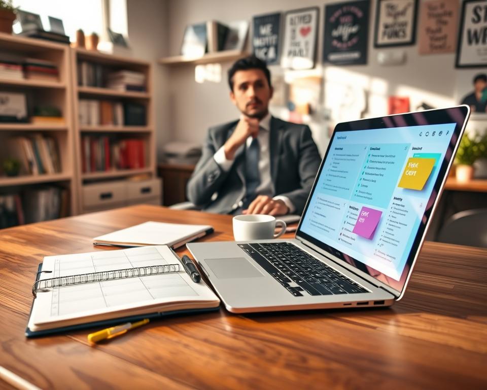 A well-organized workspace showcasing a task management system tailored for freelance writers. In the foreground, a modern wooden desk holds a sleek laptop displaying a colorful digital task board filled with checklists and deadlines. A stylish planner lies open beside a cup of coffee, exuding a sense of productivity. In the middle, a thoughtful individual in professional business attire is brainstorming ideas, with sticky notes and highlighters scattered around. The background features a cozy, sunlit home office with bookshelves filled with writer’s guides and motivational posters. Soft, warm lighting creates an inviting atmosphere, helping convey a mood of creativity and focus. The angle captures both the desk and the individual, emphasizing collaboration with their environment. A well-organized workspace showcasing a task management system tailored for freelance writers. In the foreground, a modern wooden desk holds a sleek laptop displaying a colorful digital task board filled with checklists and deadlines. A stylish planner lies open beside a cup of coffee, exuding a sense of productivity. In the middle, a thoughtful individual in professional business attire is brainstorming ideas, with sticky notes and highlighters scattered around. The background features a cozy, sunlit home office with bookshelves filled with writer’s guides and motivational posters. Soft, warm lighting creates an inviting atmosphere, helping convey a mood of creativity and focus. The angle captures both the desk and the individual, emphasizing collaboration with their environment.