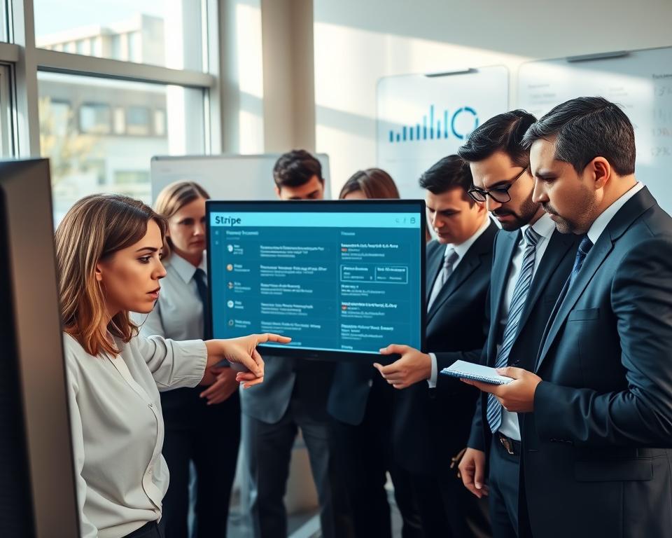In a modern office environment, a diverse group of professionals in business attire huddles around a computer screen displaying a Stripe dashboard filled with error messages and alerts related to automated billing issues. In the foreground, a worried woman points at the screen, her expression one of concern and focus. In the middle ground, a man types furiously on a laptop, while another colleague takes notes on a notepad, deep in thought. Soft, natural lighting filters through large windows, casting gentle shadows and creating a calm yet urgent atmosphere. In the background, a whiteboard displays charts and graphs related to financial performance, subtly hinting at the importance of resolving payment issues for business success. The overall mood combines professionalism with a sense of urgency and determination.